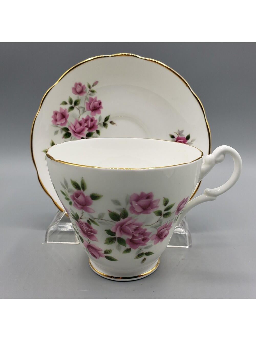 Vintage Regency Teacup & Saucer Set Petite Pink Roses Bone China England Gold